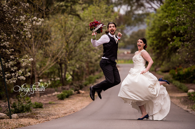 Miranda and Luke jumping at Lyndoch Hill on their wedding day
